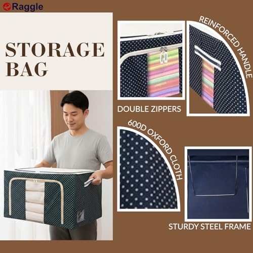 Raggle polycotton 3PCS Clothes Storage Organizer Bins, Foldable Storage Bins-Cloth Steel Frame Storage Box with Foldable Clear Window & Reinforced Handles 50 * 40 * 30CM (66l pack 3, Blue Dot) - Image 5