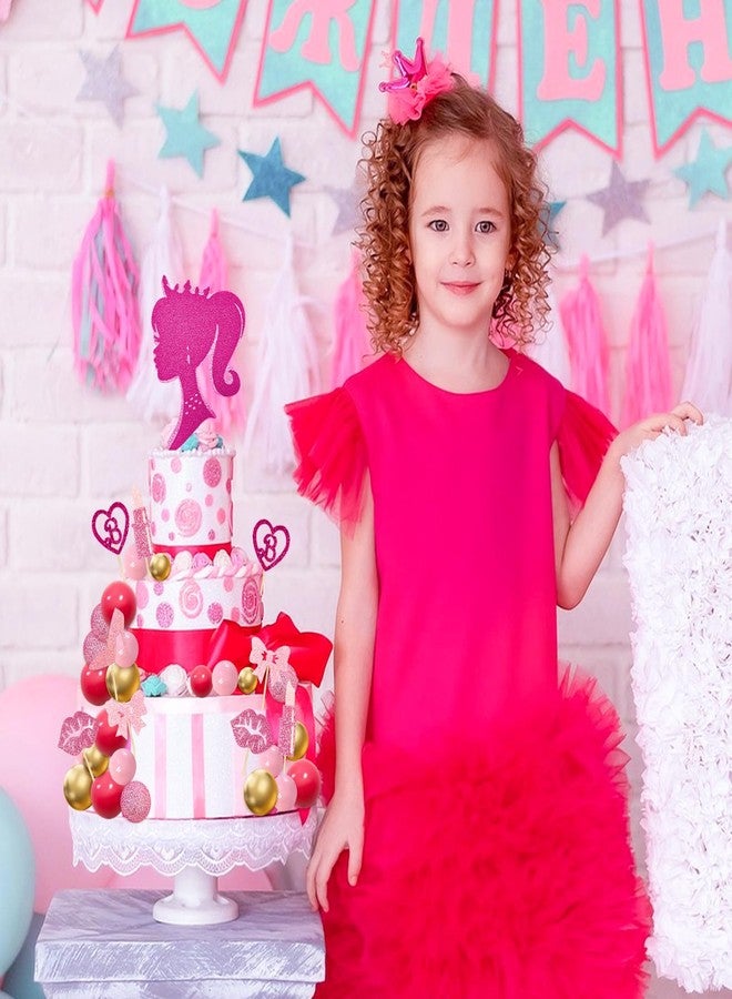 MEMOVAN Hot Pink Girl Cake Topper 31PCS -Princess Makeup Cake Topper Decoration with Pink Gold Ball Glitter High Heel Lipstick Lips Bow Tie for Bachelorette Boho Girl Hot Pink Princess Theme Party - Image 4