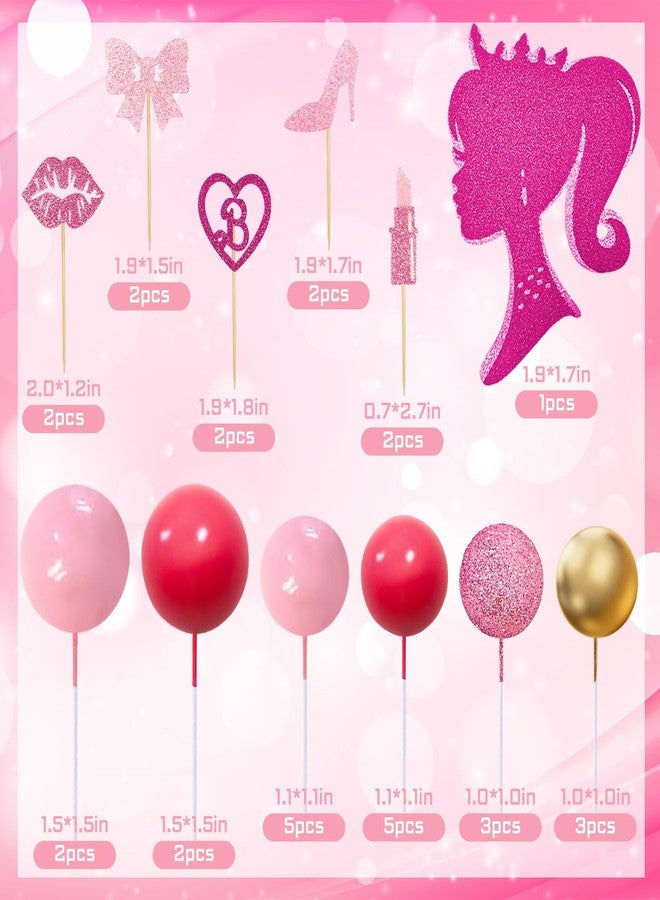 MEMOVAN Hot Pink Girl Cake Topper 31PCS -Princess Makeup Cake Topper Decoration with Pink Gold Ball Glitter High Heel Lipstick Lips Bow Tie for Bachelorette Boho Girl Hot Pink Princess Theme Party - Image 2