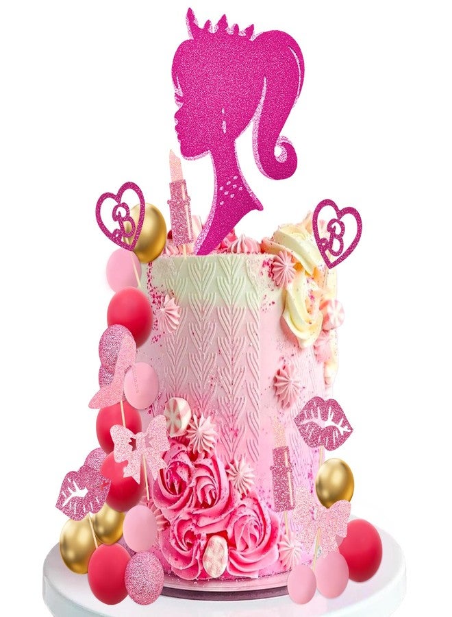 MEMOVAN Hot Pink Girl Cake Topper 31PCS -Princess Makeup Cake Topper Decoration with Pink Gold Ball Glitter High Heel Lipstick Lips Bow Tie for Bachelorette Boho Girl Hot Pink Princess Theme Party - Image 1