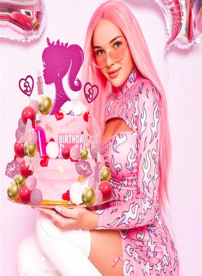 MEMOVAN Hot Pink Girl Cake Topper 31PCS -Princess Makeup Cake Topper Decoration with Pink Gold Ball Glitter High Heel Lipstick Lips Bow Tie for Bachelorette Boho Girl Hot Pink Princess Theme Party - Image 3