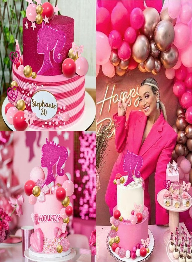 MEMOVAN Hot Pink Girl Cake Topper 31PCS -Princess Makeup Cake Topper Decoration with Pink Gold Ball Glitter High Heel Lipstick Lips Bow Tie for Bachelorette Boho Girl Hot Pink Princess Theme Party - Image 5