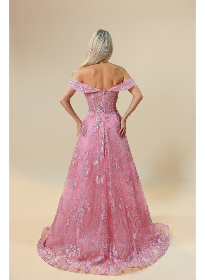 FAIZ COUTURE Elegance Pink Off-Shoulder Embroidered Evening Gown - Image 4