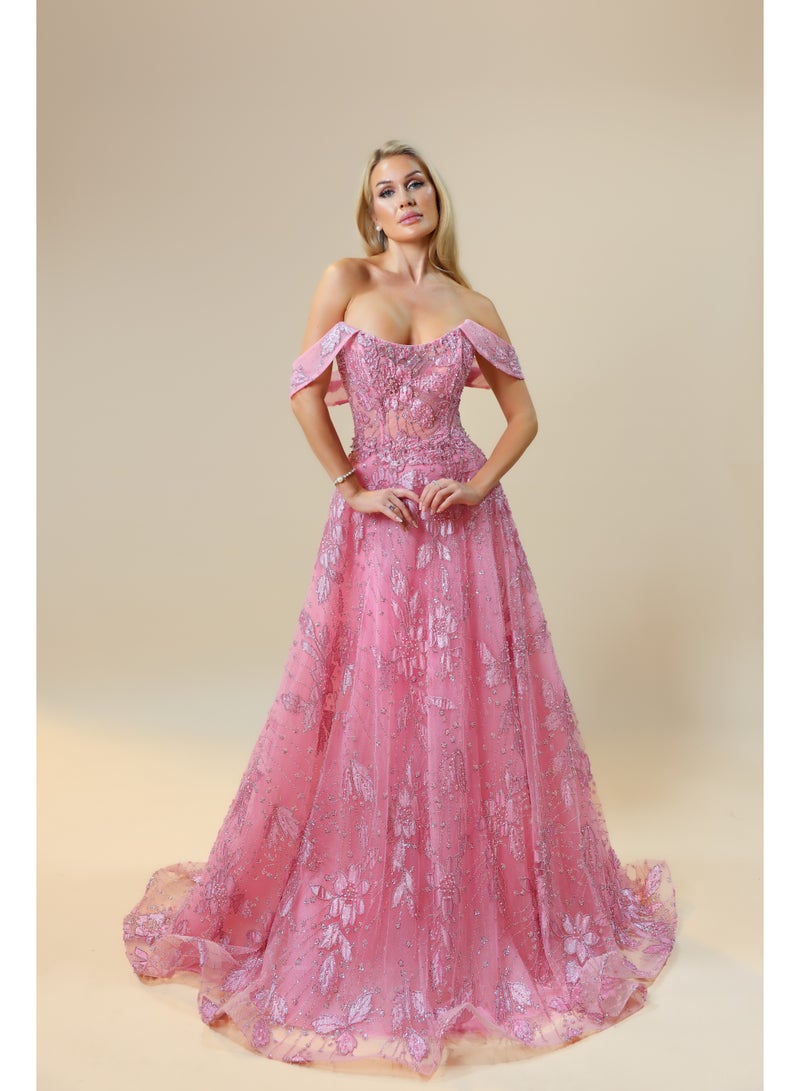 FAIZ COUTURE Elegance Pink Off-Shoulder Embroidered Evening Gown - Image 1
