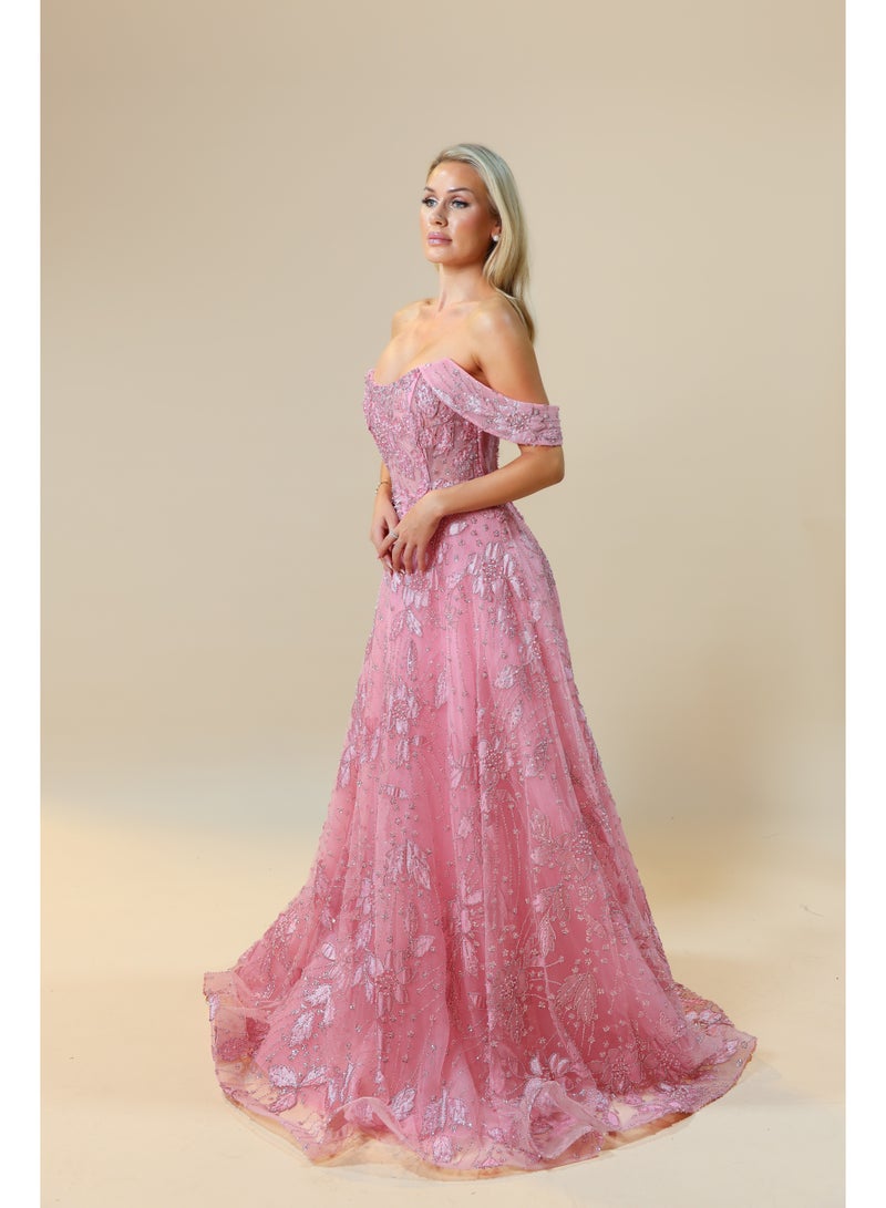 FAIZ COUTURE Elegance Pink Off-Shoulder Embroidered Evening Gown - Image 2