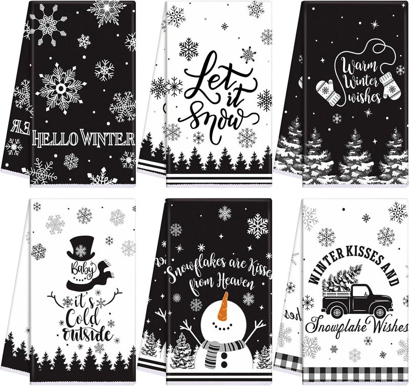 FuWeave 6 Pcs Winter Kitchen Towels Black White Snowman Dish Hand Towel 158 x 236 Snowflake Let It Snow Decorative Tea Dish Towels Farmhouse Xmas Kitchen Decor for Bathroom Housewarming Gift - Image 1