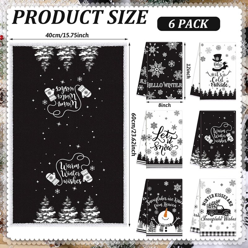 FuWeave 6 Pcs Winter Kitchen Towels Black White Snowman Dish Hand Towel 158 x 236 Snowflake Let It Snow Decorative Tea Dish Towels Farmhouse Xmas Kitchen Decor for Bathroom Housewarming Gift - Image 3
