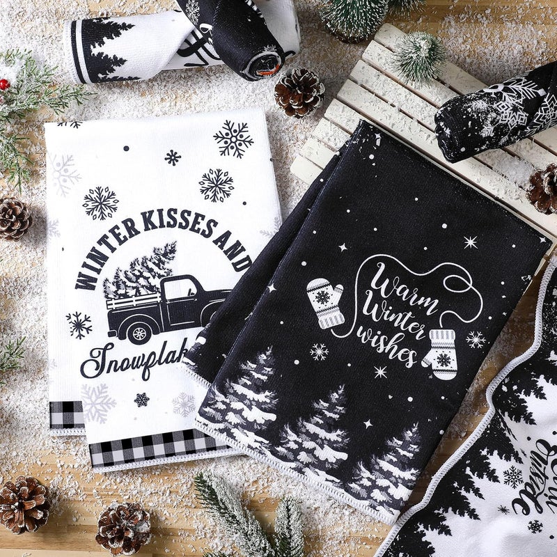 FuWeave 6 Pcs Winter Kitchen Towels Black White Snowman Dish Hand Towel 158 x 236 Snowflake Let It Snow Decorative Tea Dish Towels Farmhouse Xmas Kitchen Decor for Bathroom Housewarming Gift - Image 5