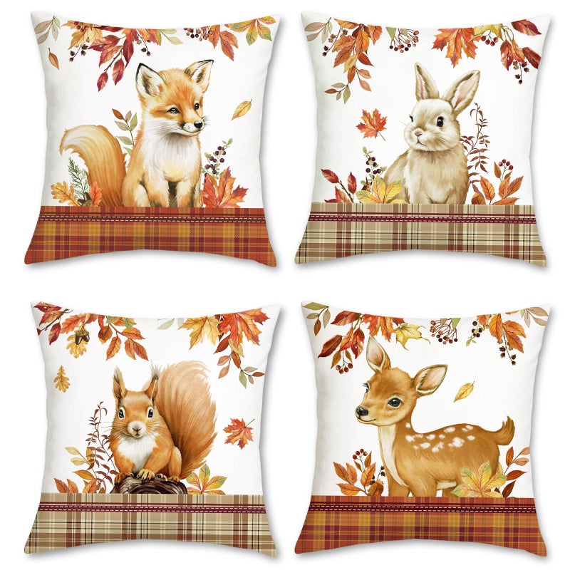 Bonhause Animals Cushion Covers 45 x 45 cm Fox Deer Squirrel Rabbit Decorative Pillow Covers Soft Velvet Pillowcases for Sofa Bed Home Garden Patio Decor Set of 4