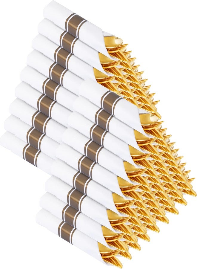 Supernal 400 Pack Gold Plastic Silverware,Pre Rolled Silverware Set Disposable,Gold Disposable Utensils Includes 100 Plastic Forks Spoons and Knives Set,and 100 Napkins for Wedding,Birthday, Party - Image 1