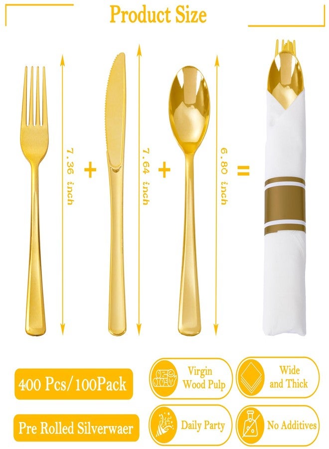 Supernal 400 Pack Gold Plastic Silverware,Pre Rolled Silverware Set Disposable,Gold Disposable Utensils Includes 100 Plastic Forks Spoons and Knives Set,and 100 Napkins for Wedding,Birthday, Party - Image 3