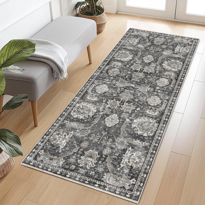 WASHABLE AREA RUGS PERFECT FOR LIVING ROOM BEDROOM KIDS ROOM NURSERY STAIN WATER RESISTANT NONSLIP PET CHILD FRIENDLY VINTAGE TRIBAL AREA RUGS GREY 26 X 8