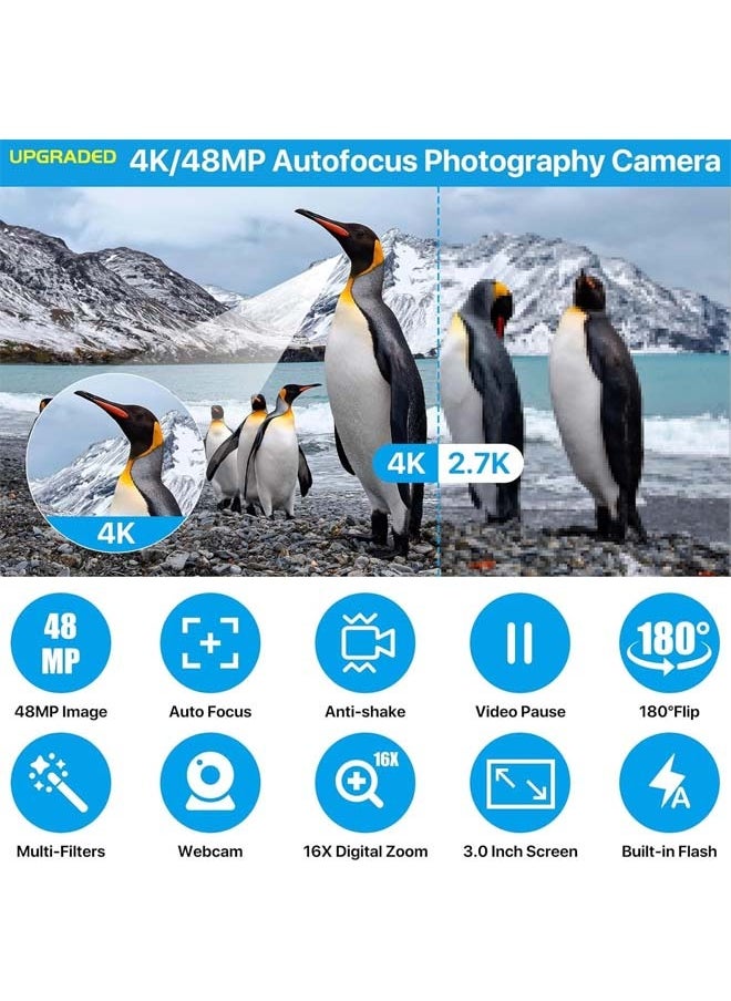 L&E - 4K Digital Camera for Photography Autofocus 48MP 4K Camera with SD Card,180° 3.0 inch Flip Screen Vlogging Camera for YouTube Video Compact Cameras with 16X Digital Zoom - Image 1