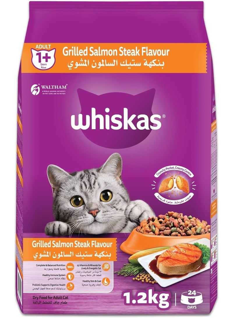 ويسكاس طعام سمك السلمون المشوي الجاف للقطط البالغة من سنة فما فوق  محضر بالمكونات  يساعد قطتك على الحفاظ على وزن صحي وتغذية كاملة ومذاق رائع  كيس 1.2 كجم