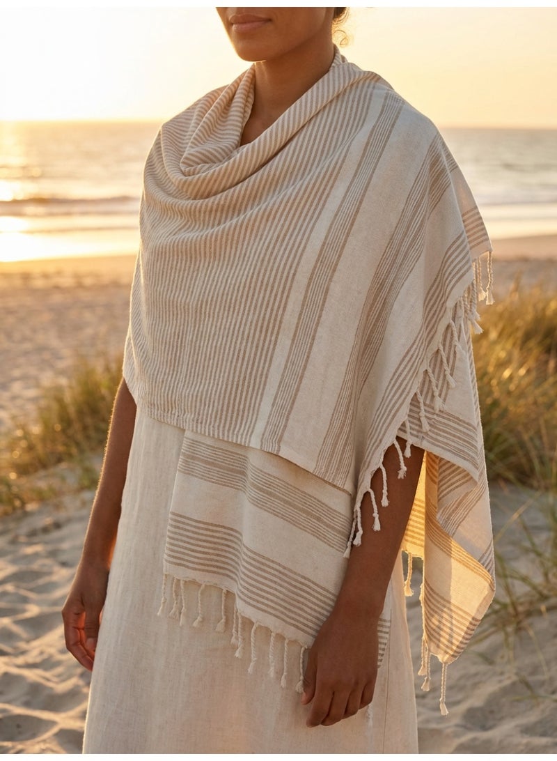 Ambrosia 90x180 cm Polycotton Light Beige Striped Turkish Fouta Towel and Multipurpose Blanket for Beach, Bath, Travel Wrap, Picnic, and Quick Drying Pool Accessory - Image 5