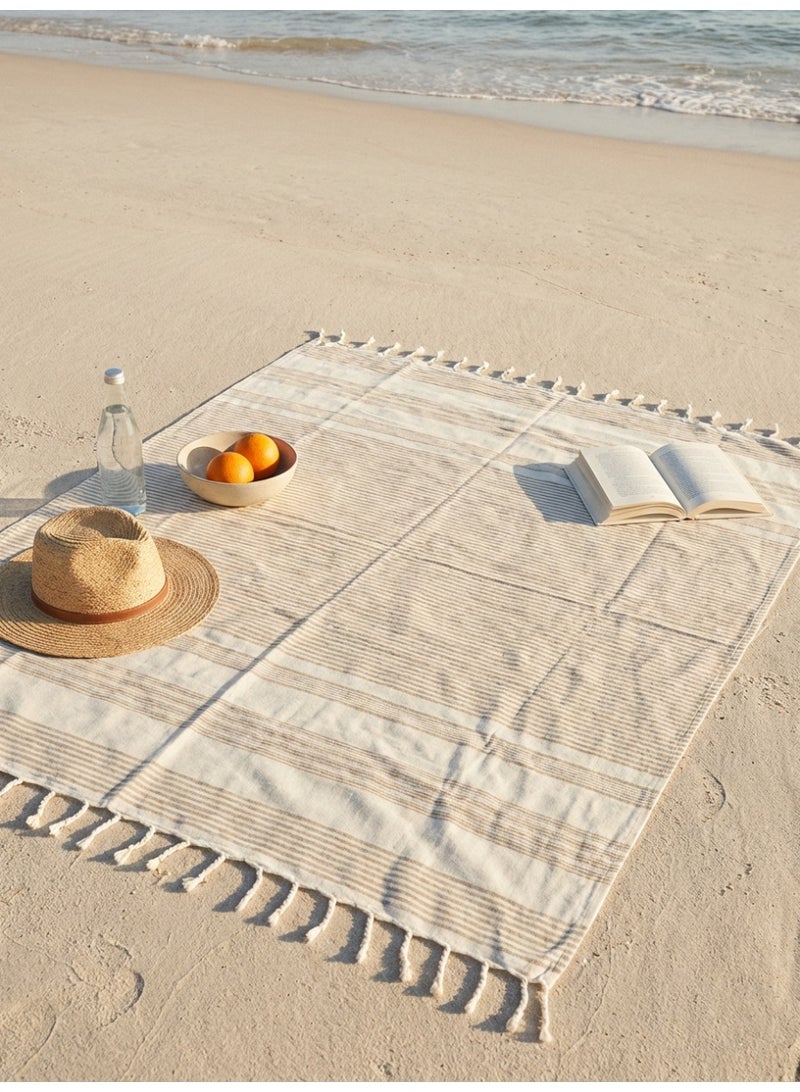 Ambrosia 90x180 cm Polycotton Light Beige Striped Turkish Fouta Towel and Multipurpose Blanket for Beach, Bath, Travel Wrap, Picnic, and Quick Drying Pool Accessory - Image 2