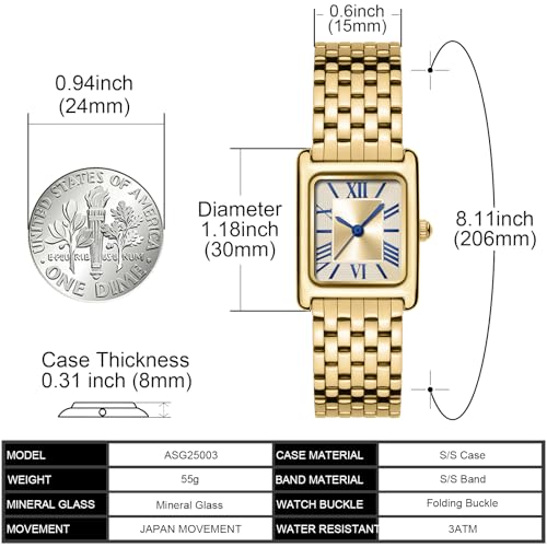 Asan Ge Watches for Women Vintage Bracelet Roman Dial Japanese Movement Rectangular Case Watch 3ATM Waterproof Self-Adjust Watch Size Without Tools - Image 5