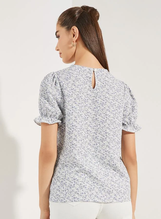 Styli Styli All Over Print Top with Puff Sleeves