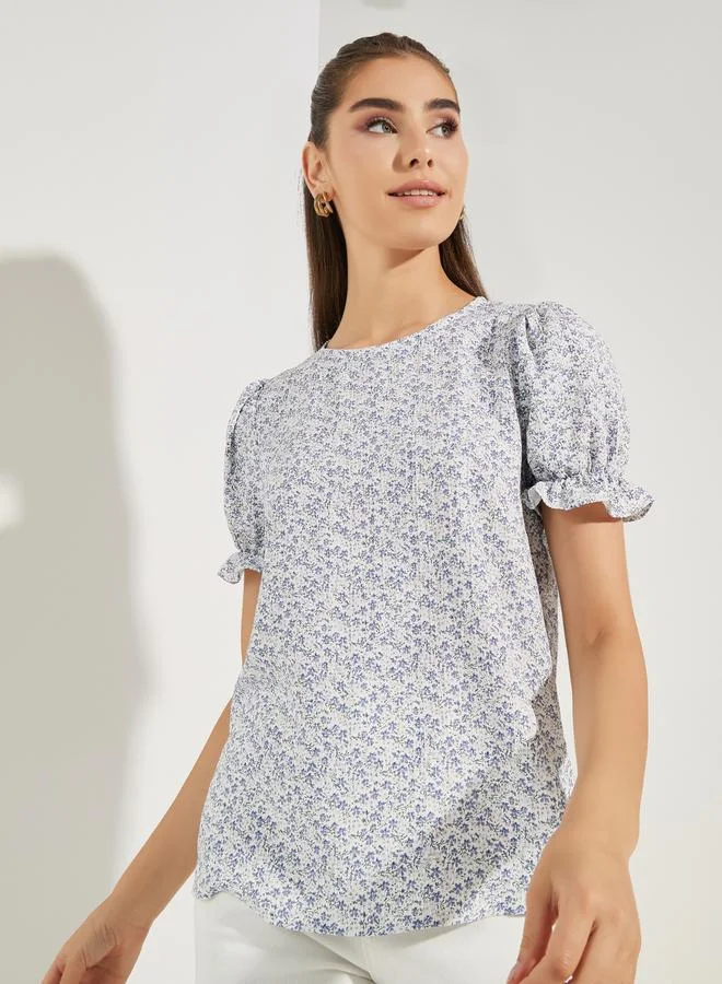 Styli Styli All Over Print Top with Puff Sleeves