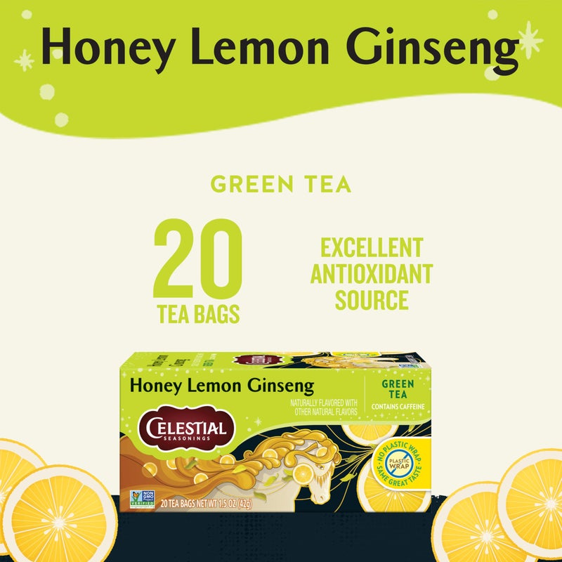 Celestial Seasonings Honey Lemon Ginseng Green Tea, Caffeinated, 20 Tea Bags Box (Pack of 6) - Image 2