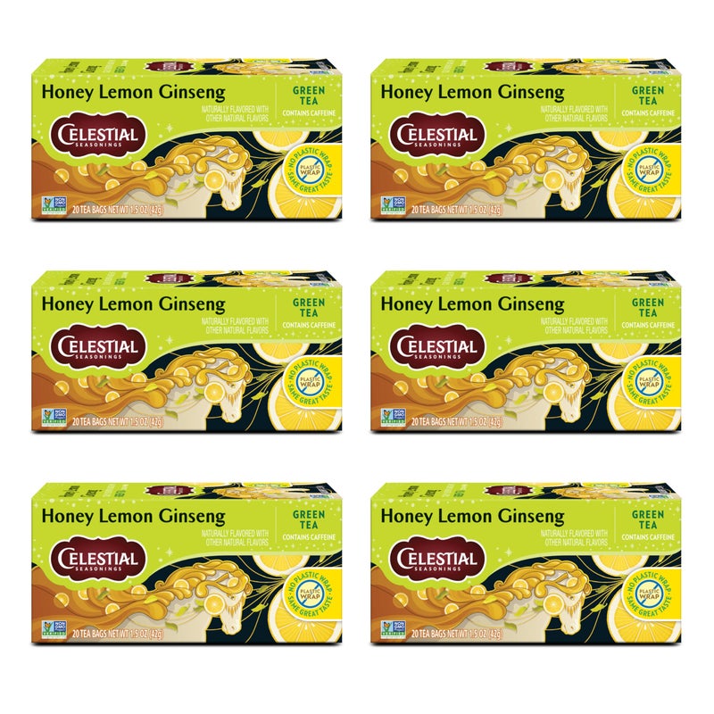 Celestial Seasonings Honey Lemon Ginseng Green Tea, Caffeinated, 20 Tea Bags Box (Pack of 6) - Image 1