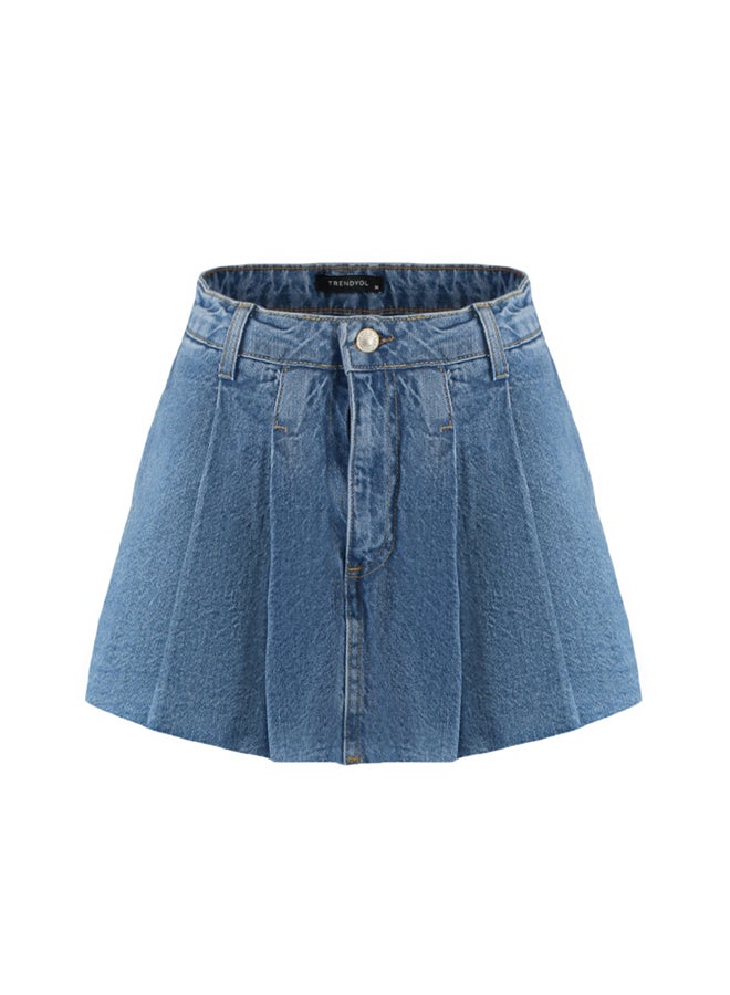 trendyol Blue Pleated Normal Waist Denim Shorts Skirt  - Image 3