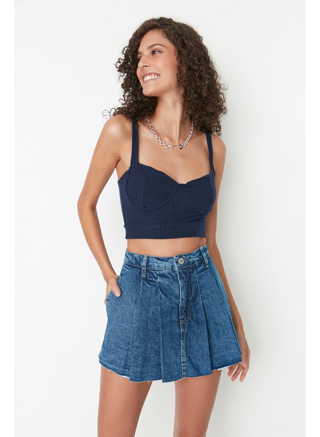trendyol Blue Pleated Normal Waist Denim Shorts Skirt  - Image 2