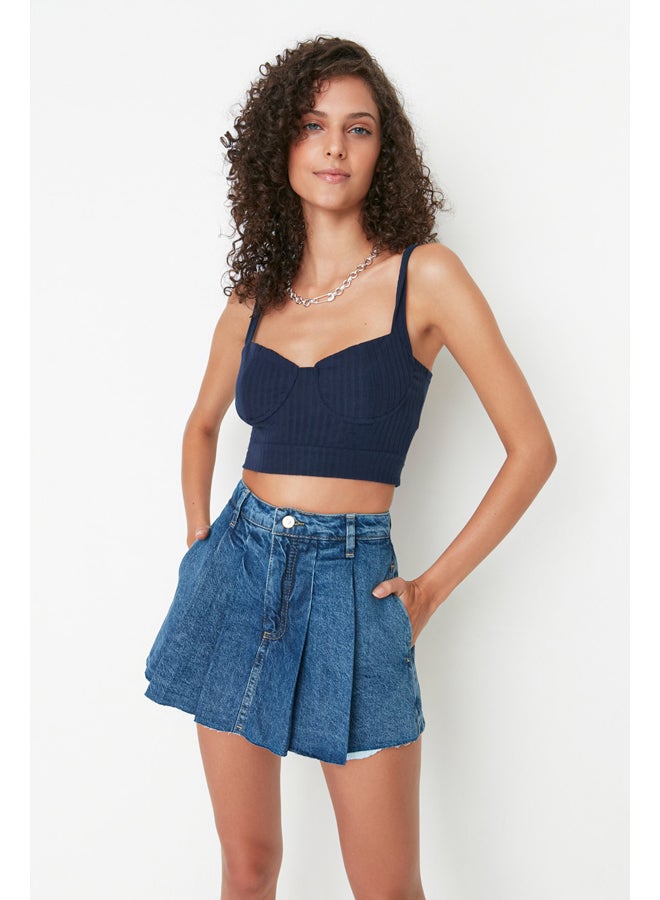 trendyol Blue Pleated Normal Waist Denim Shorts Skirt  - Image 1