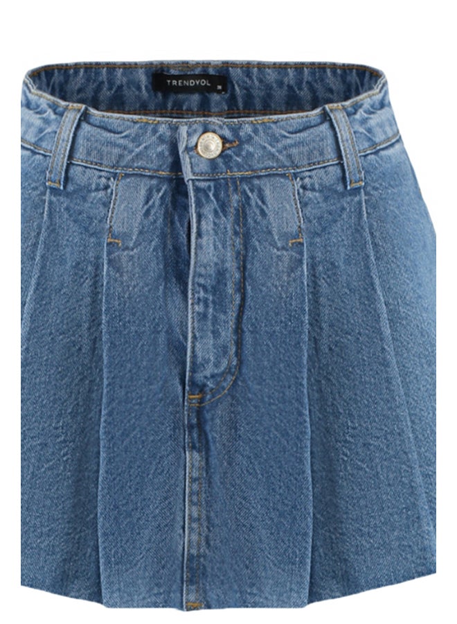 trendyol Blue Pleated Normal Waist Denim Shorts Skirt  - Image 4
