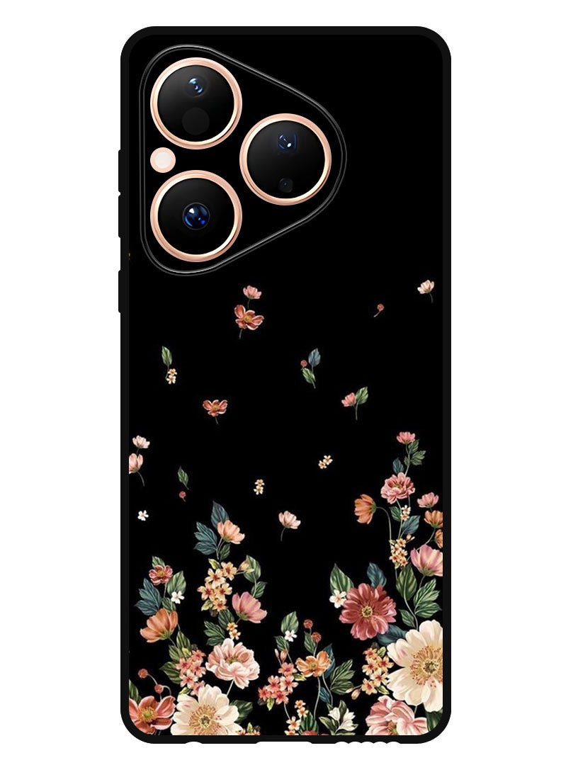 Theodor Case Compatible with Huawei Pura 80 6.6 Inch Protection Shockproof Bumper Cover Flowers in Black Background - Image 1