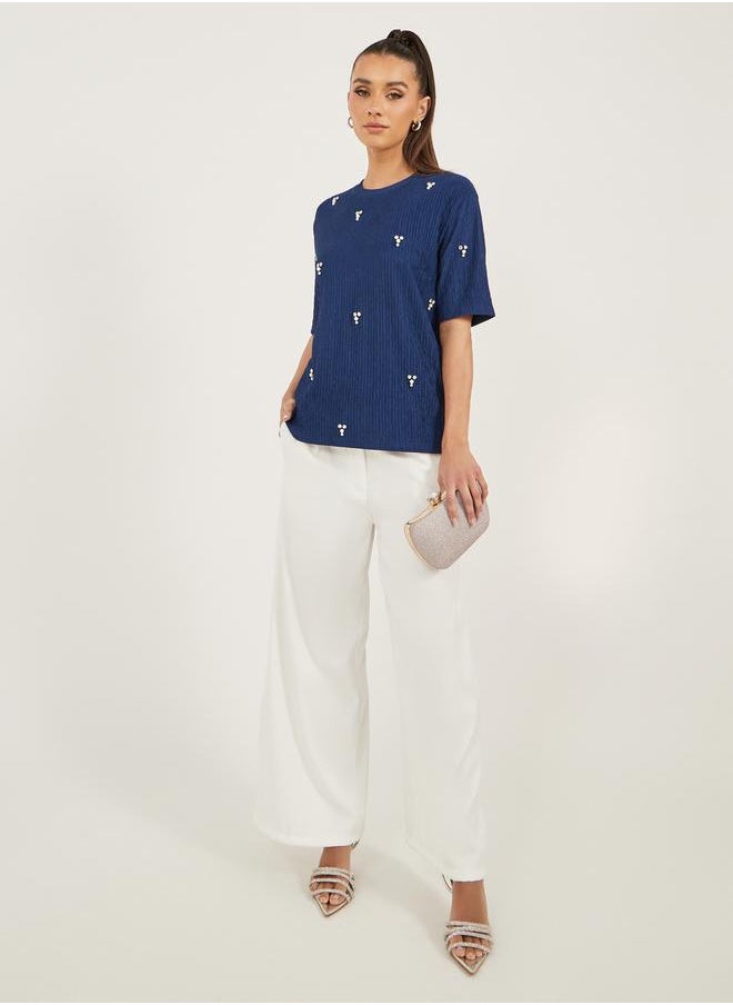 Styli Textured Embellished Round Neck Top  - Image 2