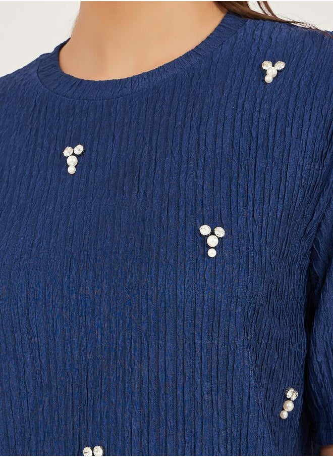 Styli Textured Embellished Round Neck Top  - Image 4