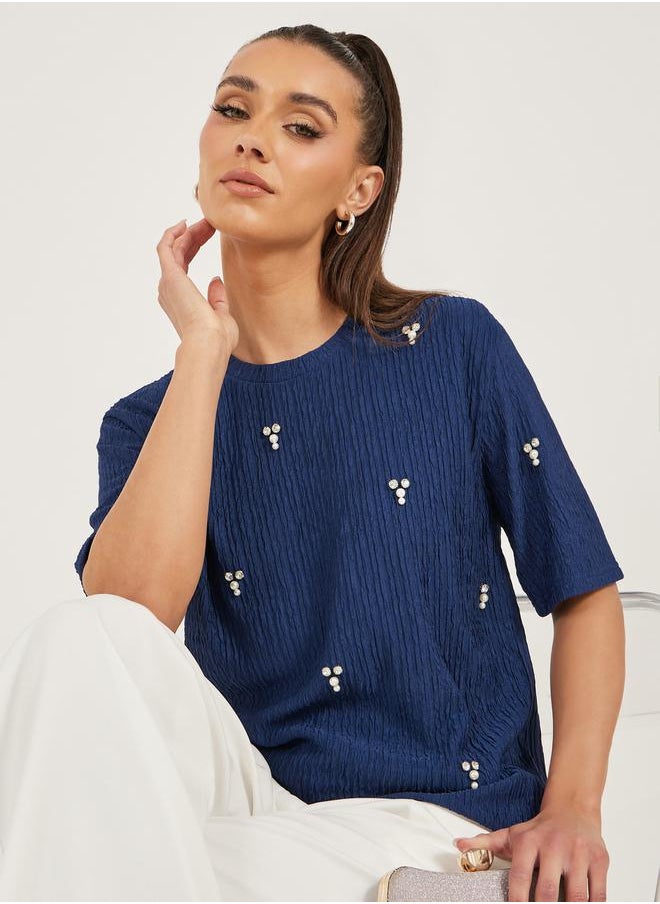 Styli Textured Embellished Round Neck Top  - Image 1