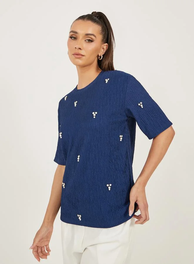 Styli Textured Embellished Round Neck Top