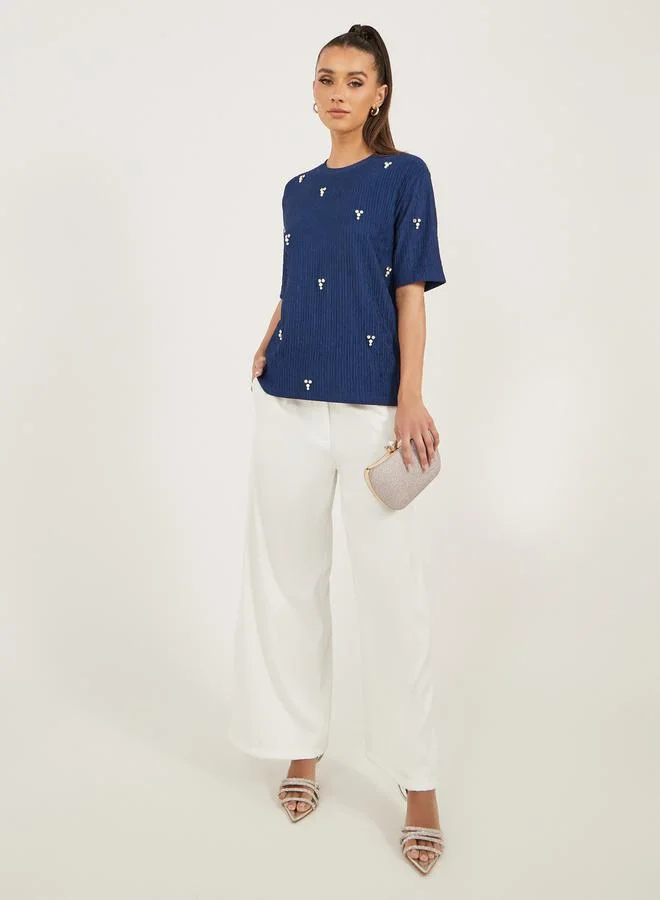 Styli Textured Embellished Round Neck Top