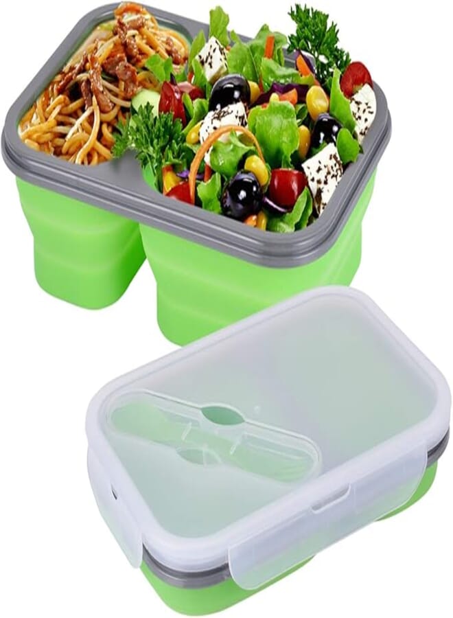 Spaceshoop FYSSHUO Xcellent Global Collapsible Silicone Food Storage Container, Lunch Bento Box, 2-Compartment with Fork Spoon, BPA free, for Adults & Kids (2 Compartment Green)