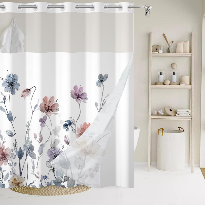 AWERT No Hook Shower Curtain with Snap in Liner Watercolor Floral Shower Curtain and Liner Set Double Layers Waterproof Fabric and SeeThrough Top Window Bathroom Decorative 71x74inch