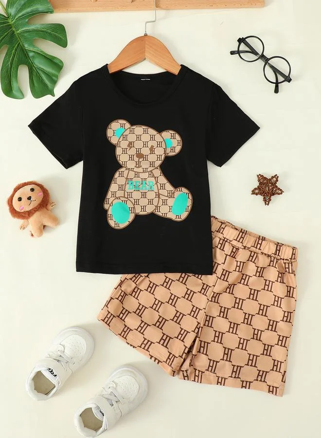 Take Two Boys Short Sleeve Bear Print Top and Patterned Shorts Set