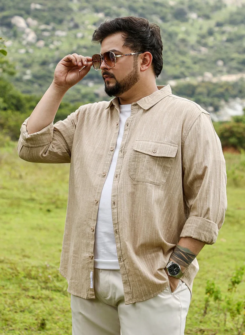 انستافاب بلس Instafab Plus Men Thread-Jacquard Shirt | Spread Collar , Long Cuffed Sleeves | Button Closure , Curved Hem | Abstract Jacquard | Woven Fabric For Casual & Daily Wear | Sand Beige