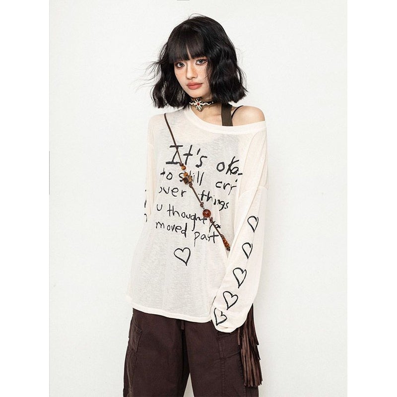Apricot Letter Love Printed Sunscreen T-Shirt Women'S Summer Long Sleeve Thin Loose Slimming Air Conditioning Blouse - Image 4