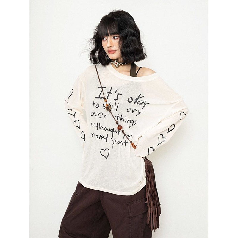 Apricot Letter Love Printed Sunscreen T-Shirt Women'S Summer Long Sleeve Thin Loose Slimming Air Conditioning Blouse - Image 1