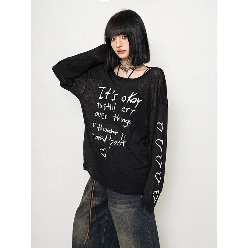 Apricot Letter Love Printed Sunscreen T-Shirt Women'S Summer Long Sleeve Thin Loose Slimming Air Conditioning Blouse - Image 5
