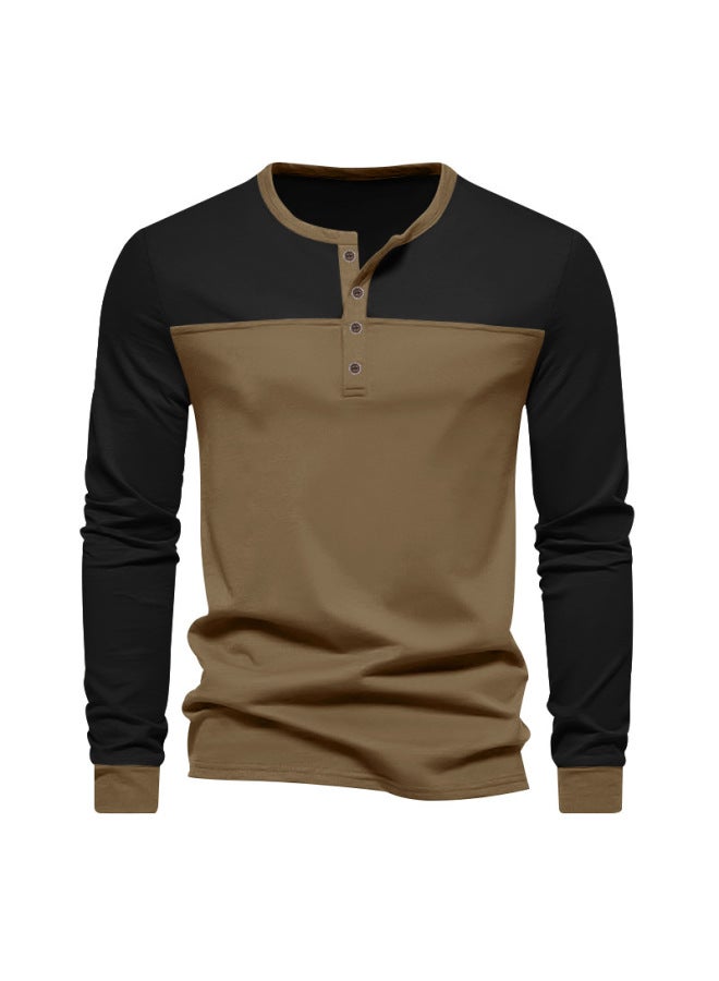 European And American Men's Autumn Henley Collar Color Block American Style Base Shirt Casual Oversized Long Sleeve T-shirt Men