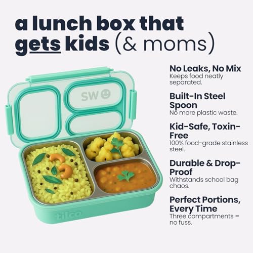 TuCo® Lunch Box 3 Compartment Leak-Proof BPA Free 304 Stainless Steel | Rectangle Lunch Box for Kids, Girls, School & Office with a Spoon, Dull Skin Soap -820ml, Yellow and Blue - Image 3