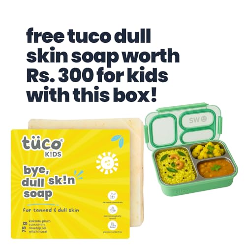 TuCo® Lunch Box 3 Compartment Leak-Proof BPA Free 304 Stainless Steel | Rectangle Lunch Box for Kids, Girls, School & Office with a Spoon, Dull Skin Soap -820ml, Yellow and Blue - Image 2