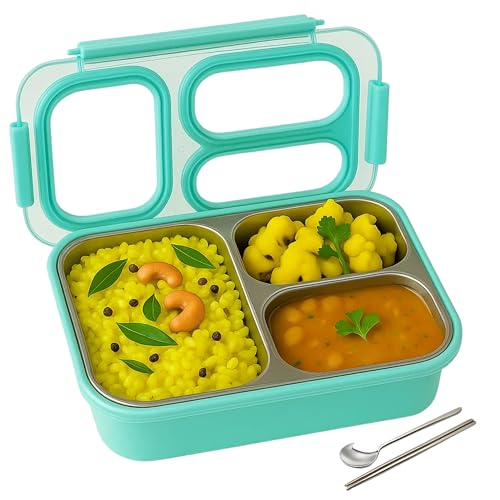TuCo® Lunch Box 3 Compartment Leak-Proof BPA Free 304 Stainless Steel | Rectangle Lunch Box for Kids, Girls, School & Office with a Spoon, Dull Skin Soap -820ml, Yellow and Blue - Image 1