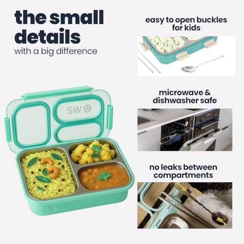 TuCo® Lunch Box 3 Compartment Leak-Proof BPA Free 304 Stainless Steel | Rectangle Lunch Box for Kids, Girls, School & Office with a Spoon, Dull Skin Soap -820ml, Yellow and Blue - Image 5