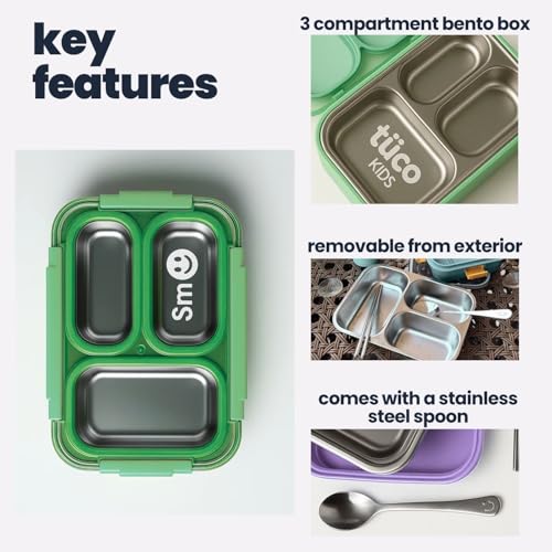TuCo® Lunch Box 3 Compartment Leak-Proof BPA Free 304 Stainless Steel | Rectangle Lunch Box for Kids, Girls, School & Office with a Spoon, Dull Skin Soap -820ml, Yellow and Blue - Image 4