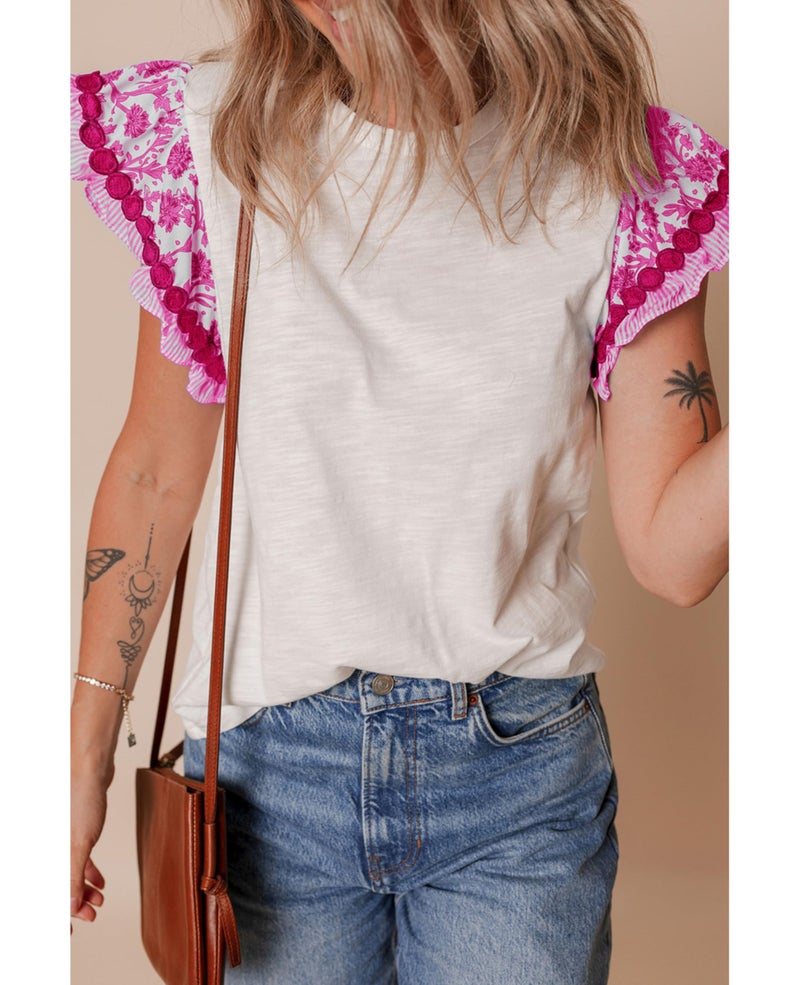 SELINK Womens Summer Ruffle Short Sleeve Top Crewneck T Shirts Floral Trim Casual Blouses Rose-XL - Image 3