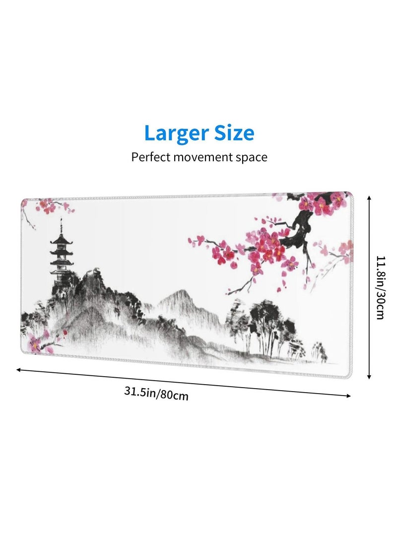 Excefore Gaming Mouse Pad Black and White Plum Bossom Cherry Blossom, Extended Large Mouse Mat Desk Pad, Stitched Edges Mousepad, Long Non-Slip Rubber Base Mice Pad (31.5x11.8x0.12 Inch, A1)  - Image 3